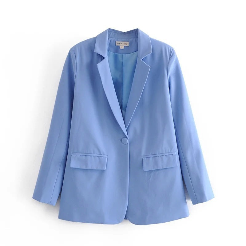 Blue Single Button Blazer Women's Clothing