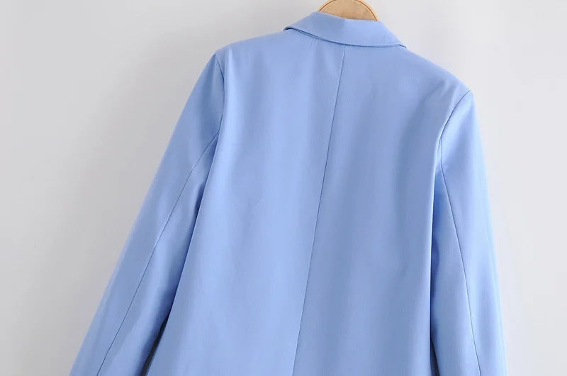 Blue Single Button Blazer Women's Clothing