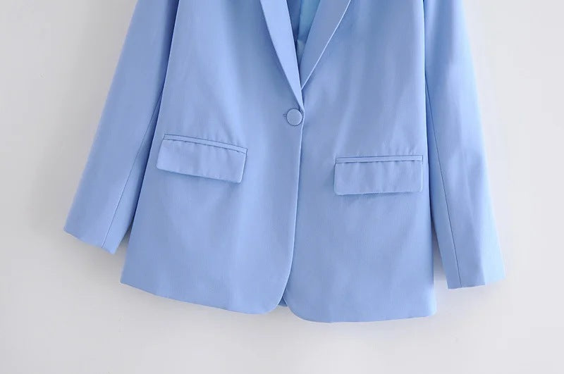 Blue Single Button Blazer Women's Clothing