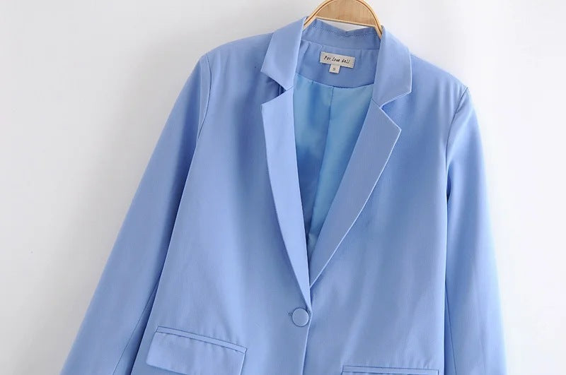 Blue Single Button Blazer Women's Clothing