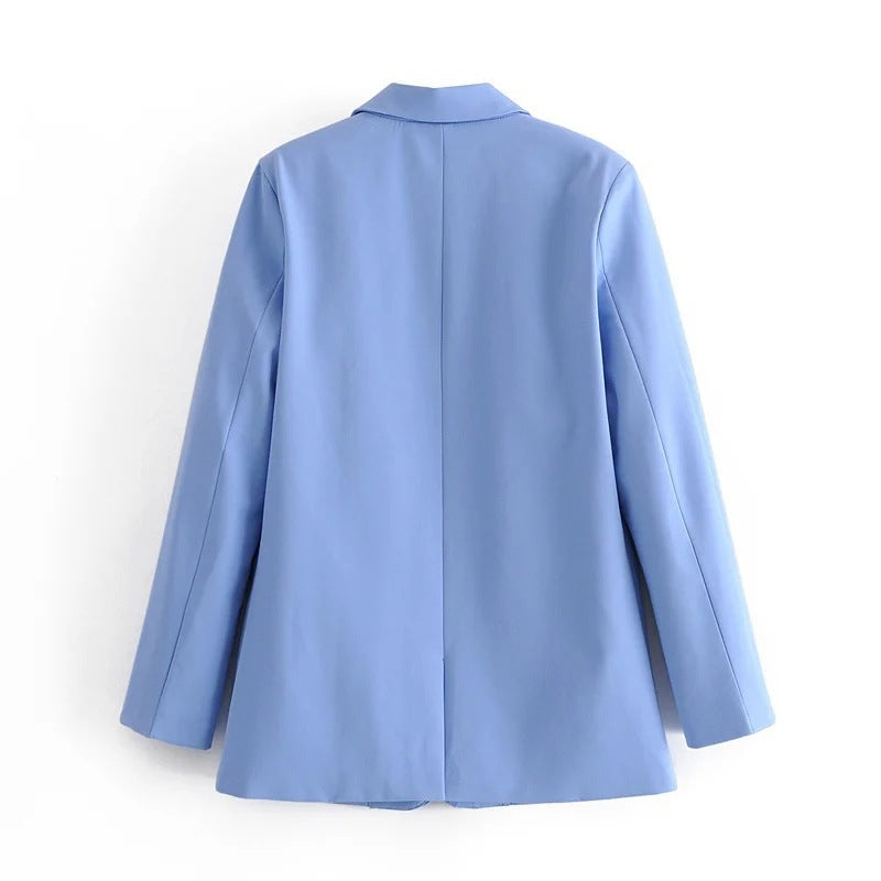 Blue Single Button Blazer Women's Clothing