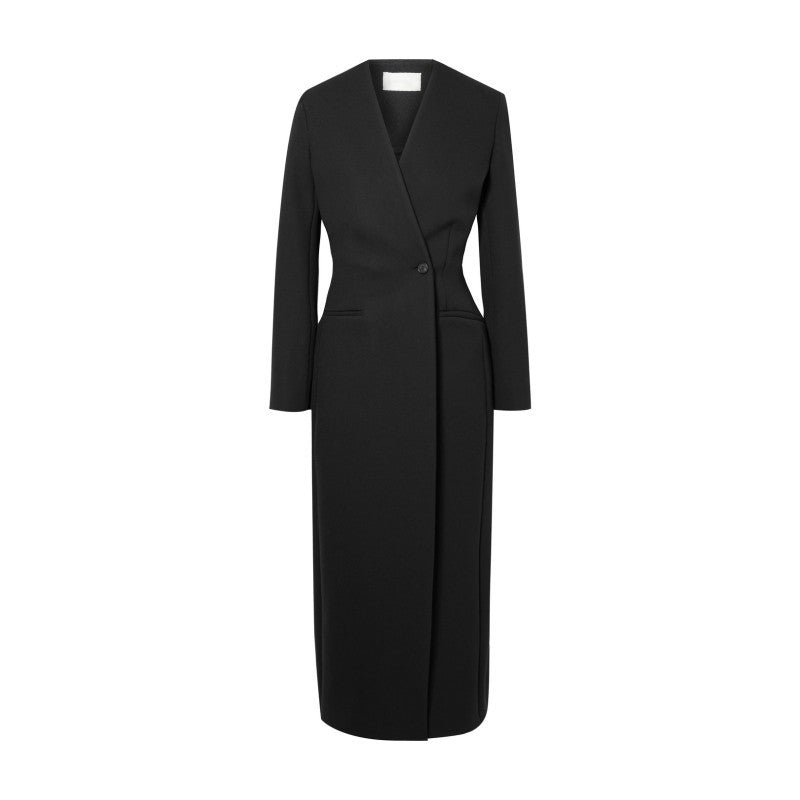 V-shaped Collarless One-button Slim Back Slit long Suit Trench Coat