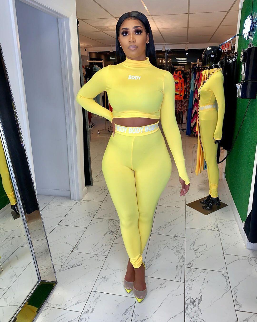 Sexy Solid Color Tight Long Sleeve Two Piece Sport Suit For Women