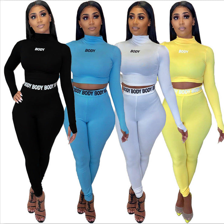 Sexy Solid Color Tight Long Sleeve Two Piece Sport Suit For Women