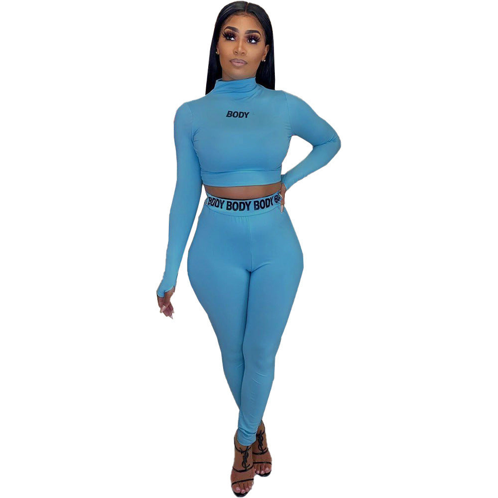 Sexy Solid Color Tight Long Sleeve Two Piece Sport Suit For Women