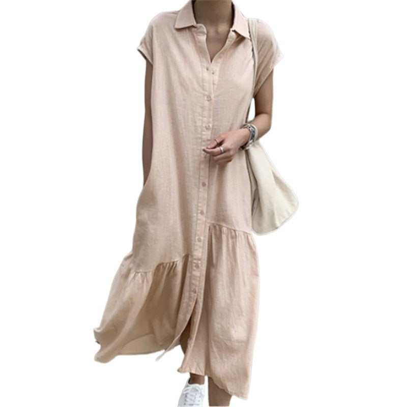 Short Sleeve Shirt Dress Women Long Cotton Linen Cupro Skirt