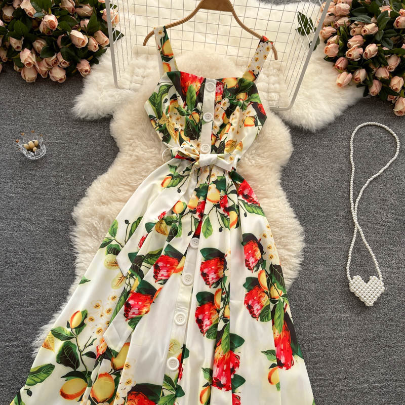 Vacation Style Print Suspender Dress Women Summer Dress