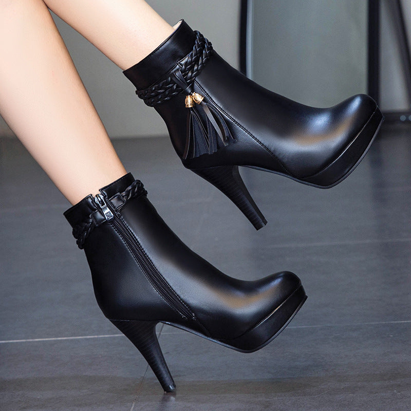 Women's Round Toe Side Zipper Tassel Ankle Boots