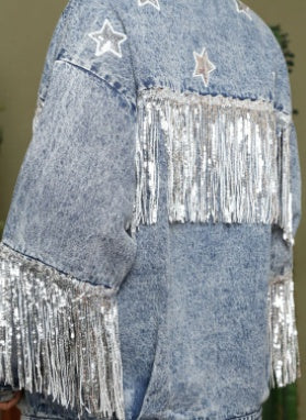 Multicolor Denim Coat Star Sequins Tassel Jacket