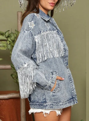 Multicolor Denim Coat Star Sequins Tassel Jacket