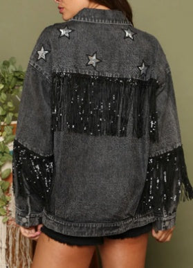 Multicolor Denim Coat Star Sequins Tassel Jacket