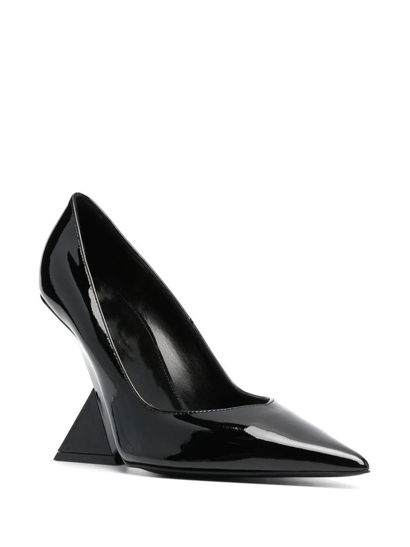 New High Heel Chunky Heel Patent Leather Low-cut Pointed Toe Shoes