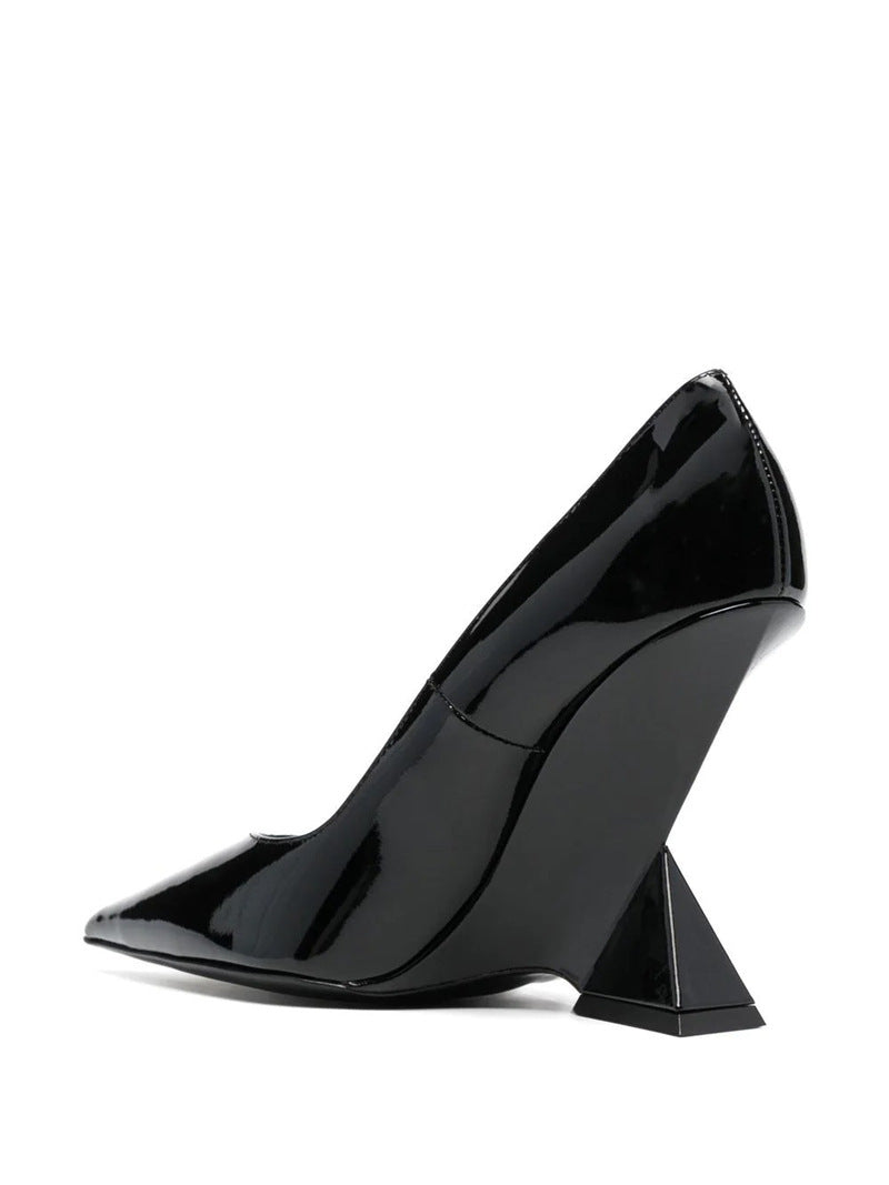 New High Heel Chunky Heel Patent Leather Low-cut Pointed Toe Shoes