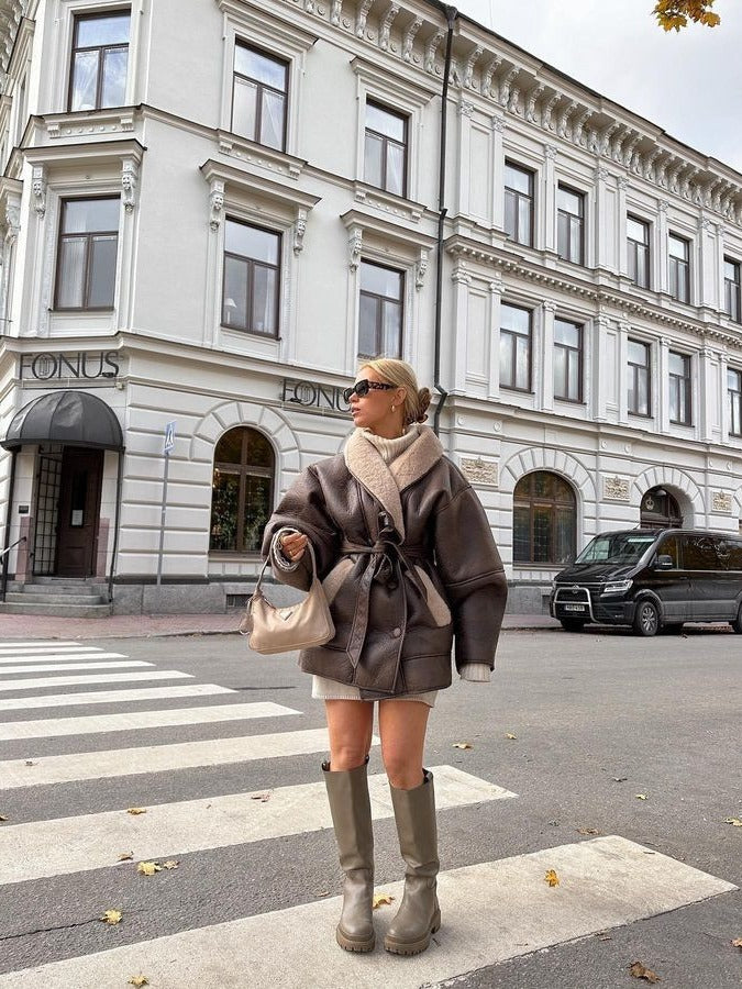 Women's Fashionable Cashmere Leather Fur Coat