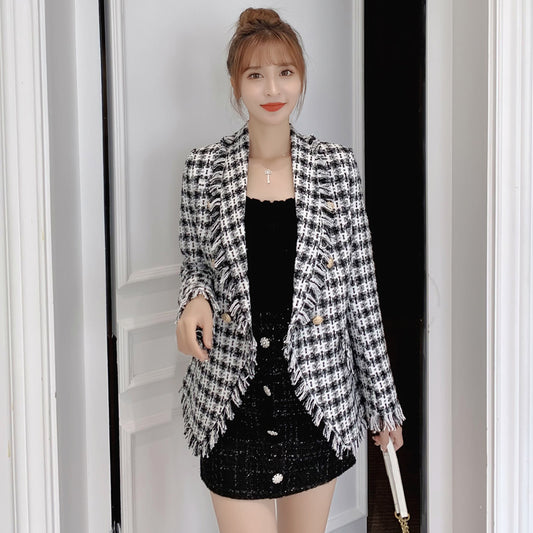 Woolen Plaid Small Fragrant Milk Suit Jacket Women's Mid-length Double-breasted