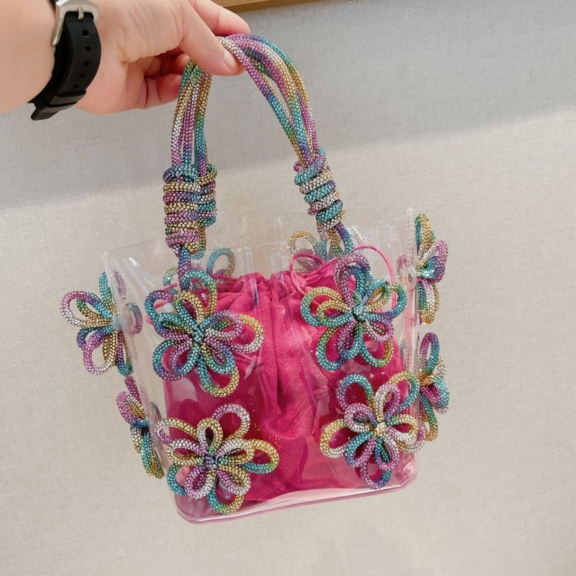 Colorful Rhinestone Transparent Flower Portable Basket Pack