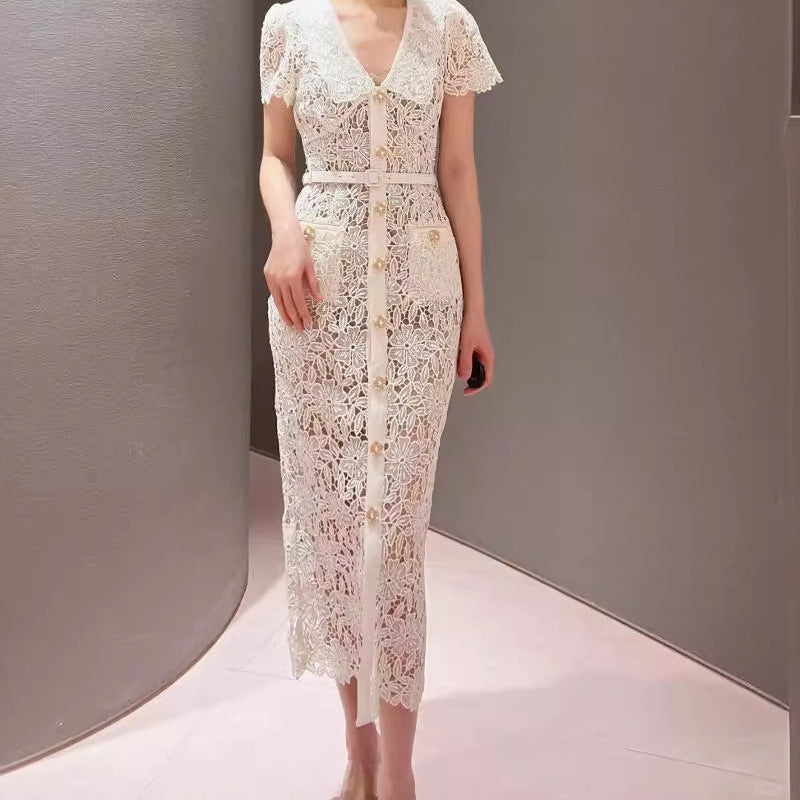 Elegant Short Sleeve Lapel Refined Handmade Lace Waist Dress