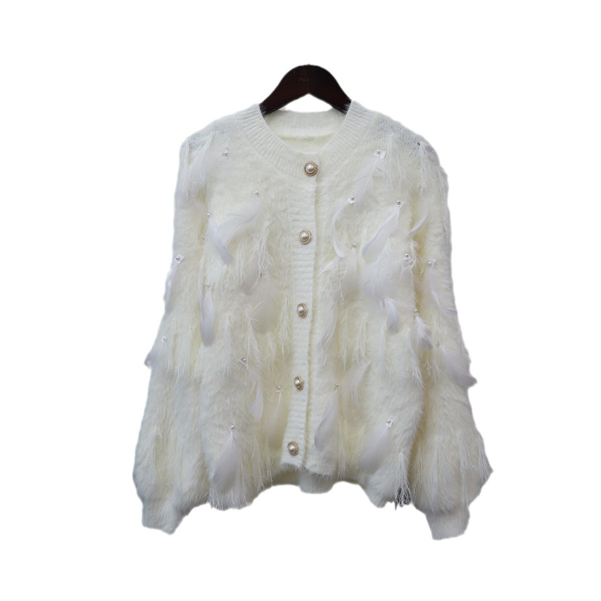 Artificial Mink Fur Gentle Design Feather Beaded Tassel Knitted Cardigan