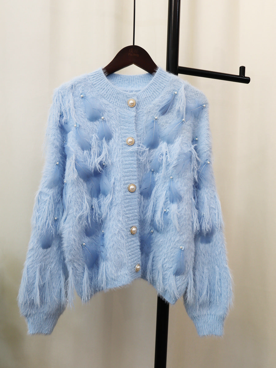 Artificial Mink Fur Gentle Design Feather Beaded Tassel Knitted Cardigan