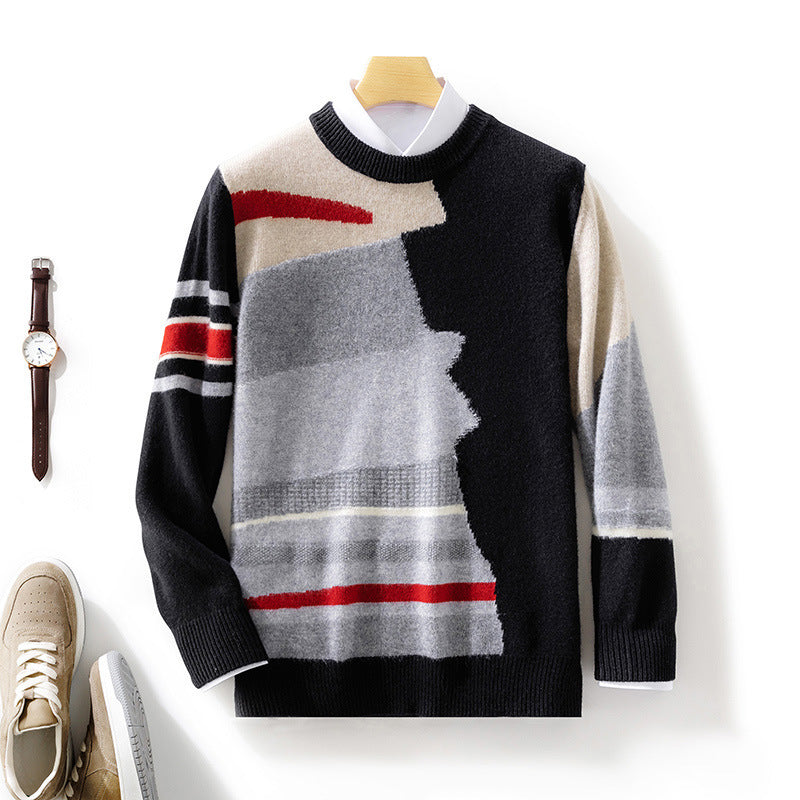 Men's Round Neck Contrast Color Style Woolen Sweater