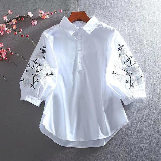 Vintage Lantern Sleeve Embroidery Loose Shirt