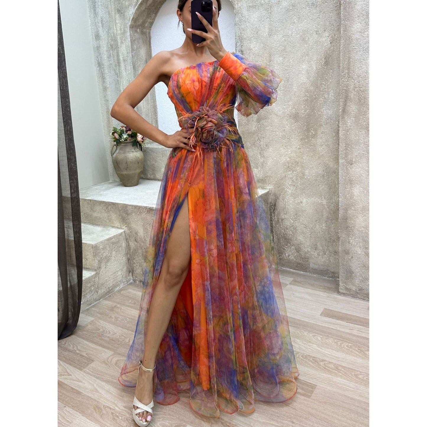 Mesh Tie-dye Printed Off-shoulder Slit Dress  Womens Clothing