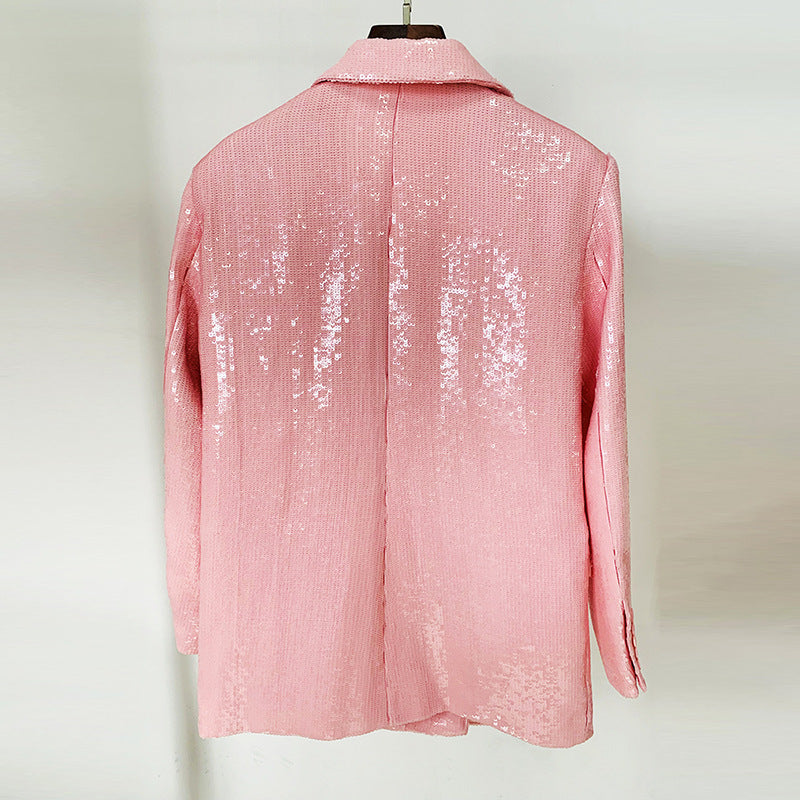 Women's Fashionable Double-breasted Loose Lotus Root Pink Sequined Blazer