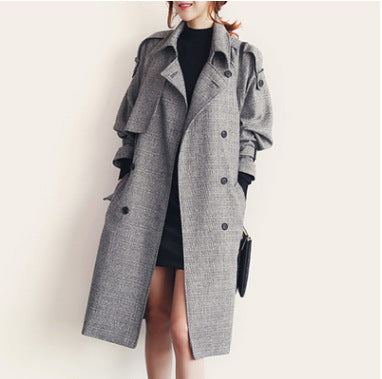 Large Size Trench Coat Double-breasted Plaid Woolen Mid-length