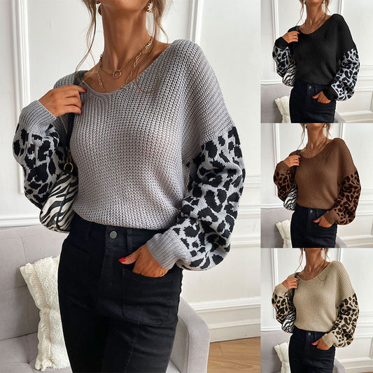 Round Neck Knit Pullover Leopard Sweater