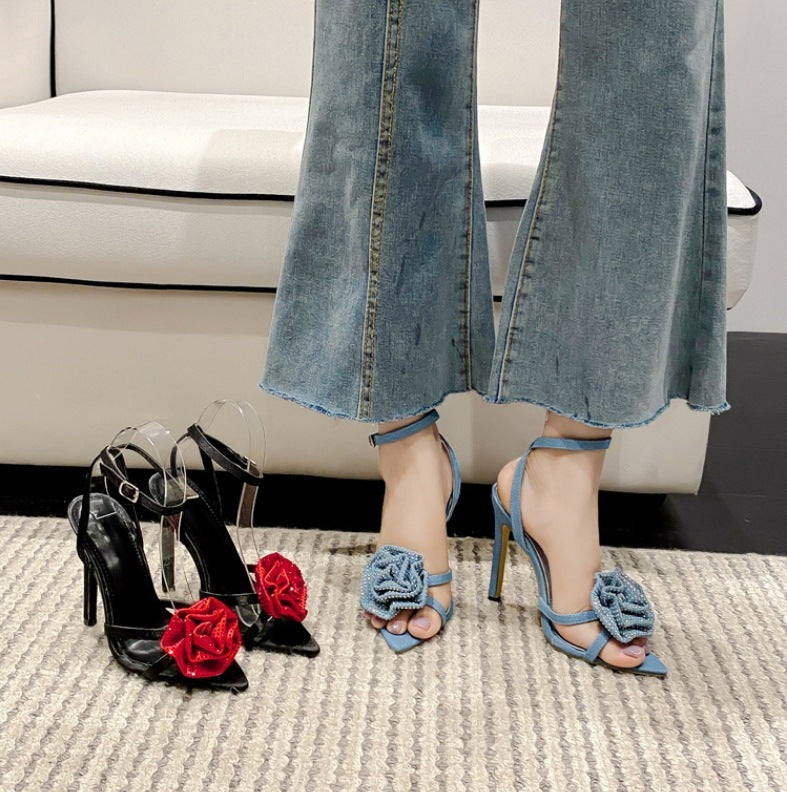 Pointed Toe Rhinestone Flower Strap Stiletto  Sandals