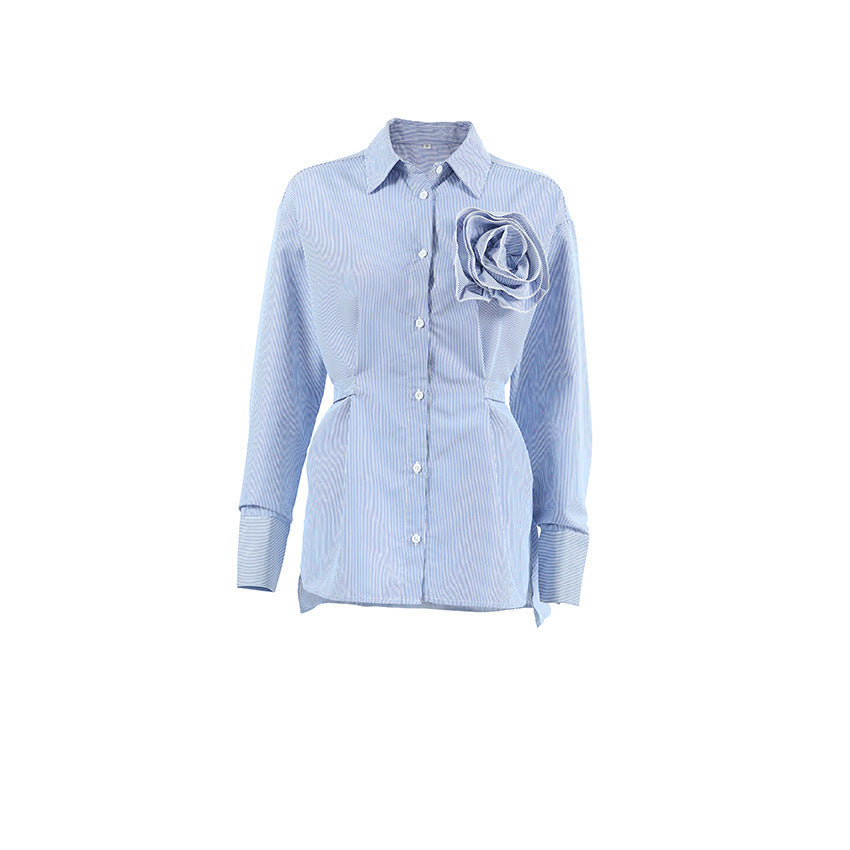 Casual Striped Blue Flower Slim-fit Long-sleeved Polyester Cotton Shirt