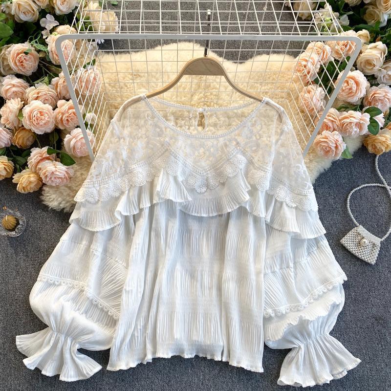 Stitching Lace Ruffled Puff Sleeve Chiffon Shirt