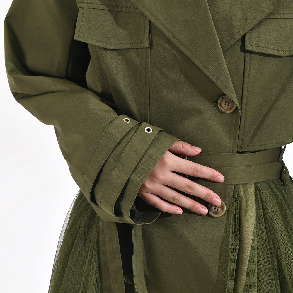 Women's  Mesh Stitching Green Windbreaker Coat