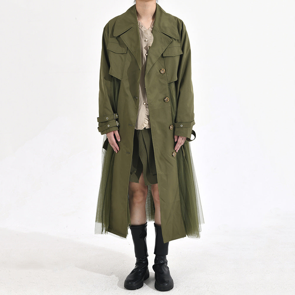 Women's  Mesh Stitching Green Windbreaker Coat