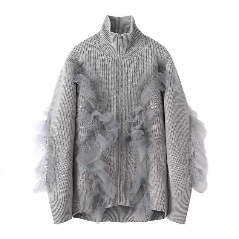 Women's Mesh Patchwork Stand-up Collar Knitted Cardigan Jacket