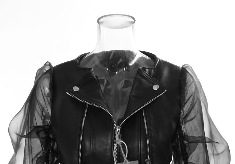 Domineering Stitching Mesh Transparent Leather Coat Motorcycle Jacket