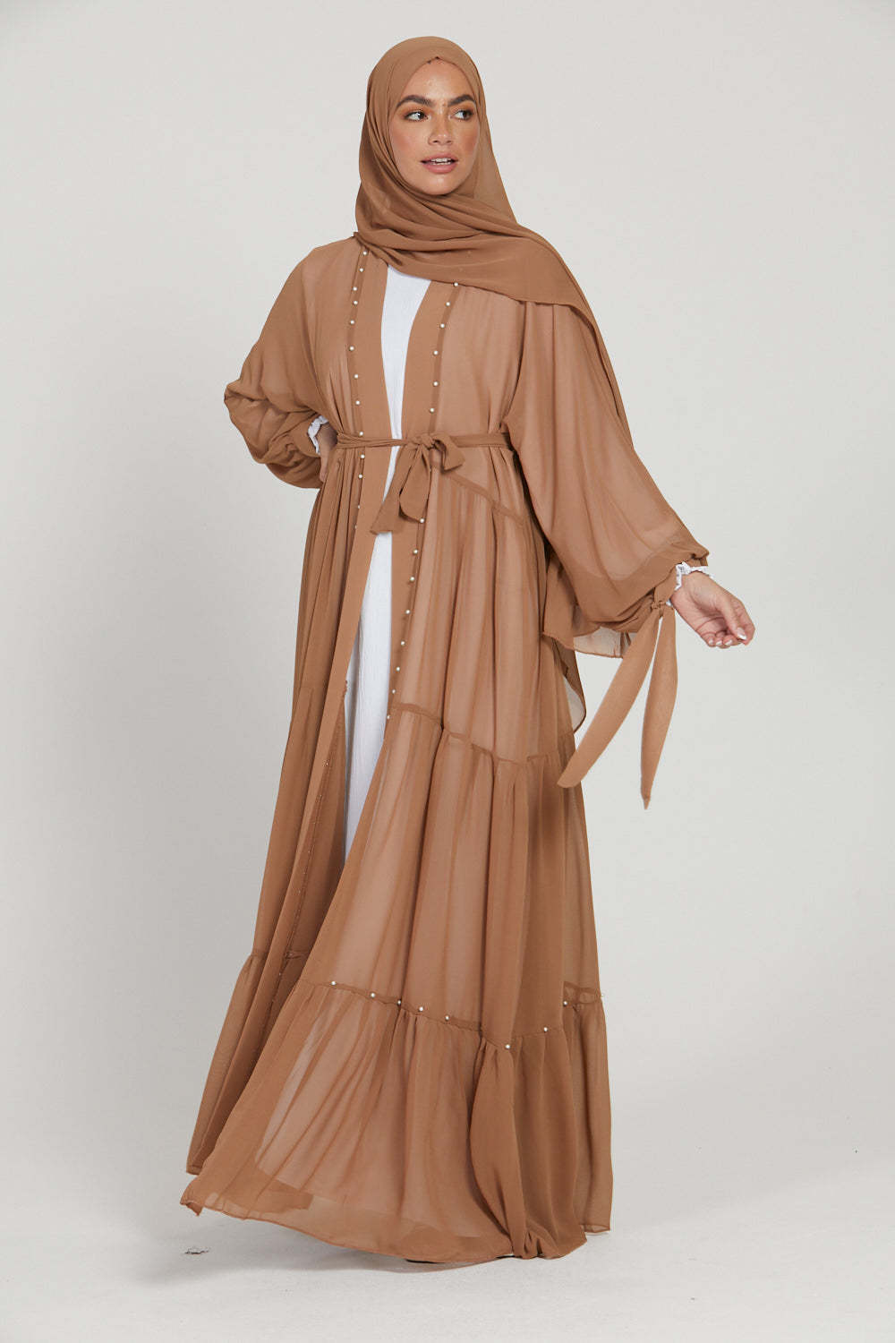 Elegant Solid Color Beaded Muslim Lacing Chiffon Cardigan Robe