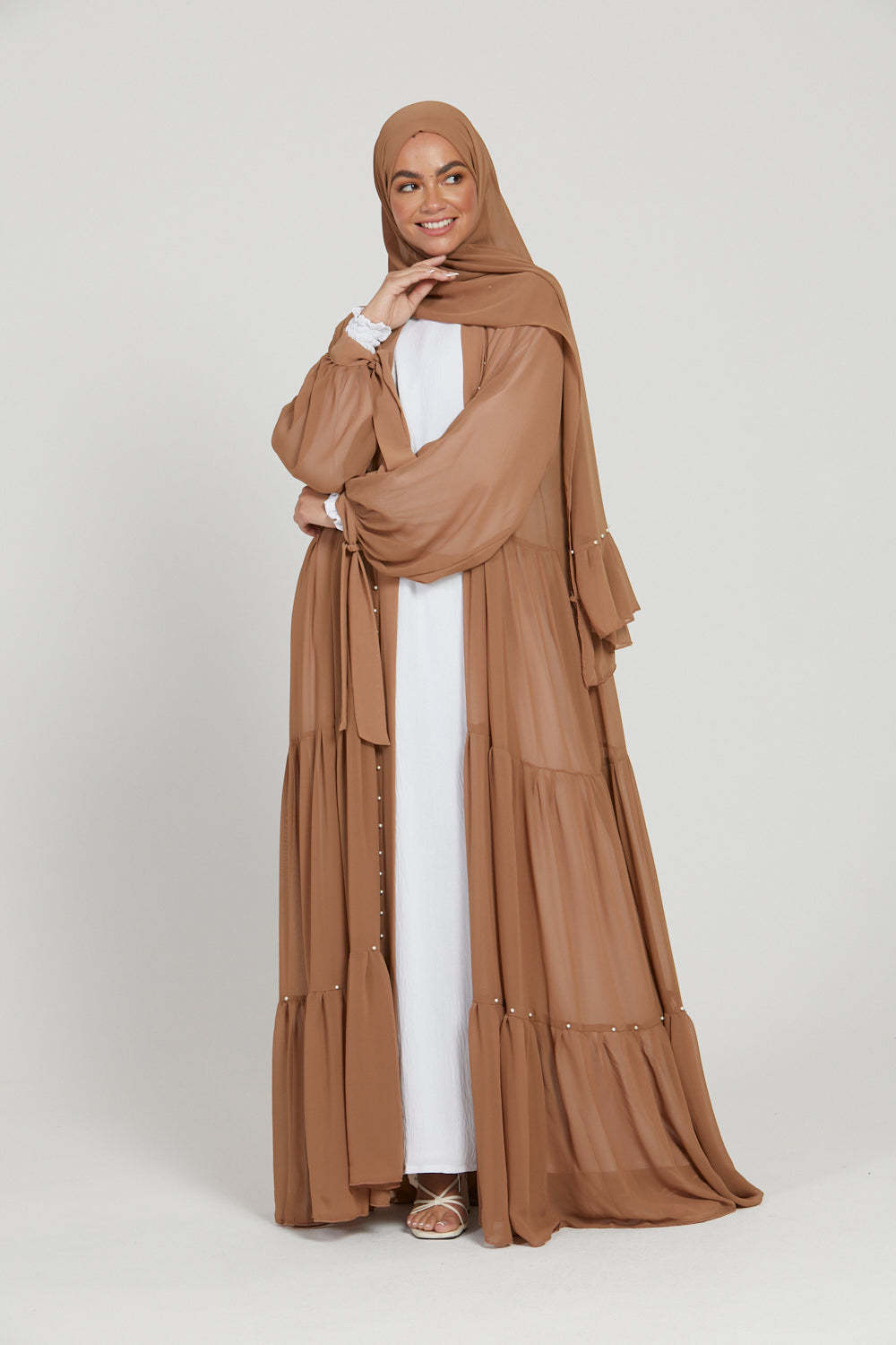 Elegant Solid Color Beaded Muslim Lacing Chiffon Cardigan Robe