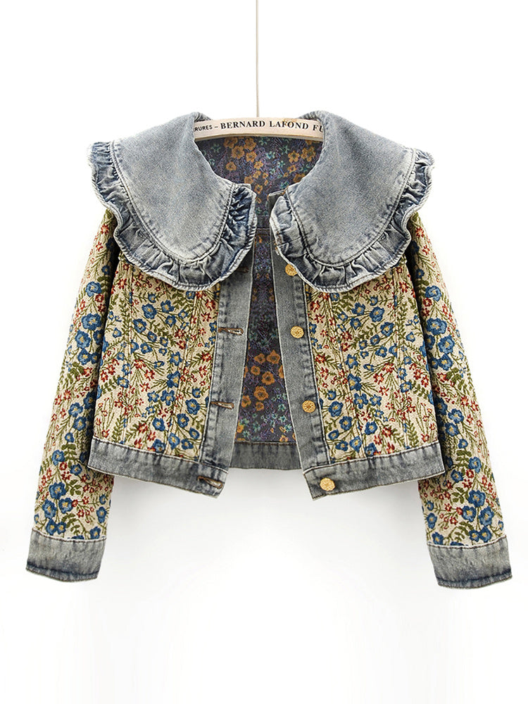 Super Nice Jacquard Long Sleeve Doll Collar Denim Jacket