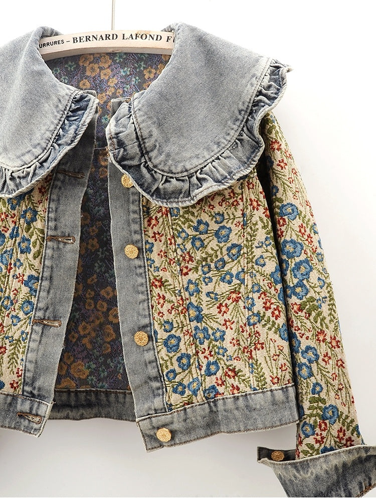 Super Nice Jacquard Long Sleeve Doll Collar Denim Jacket