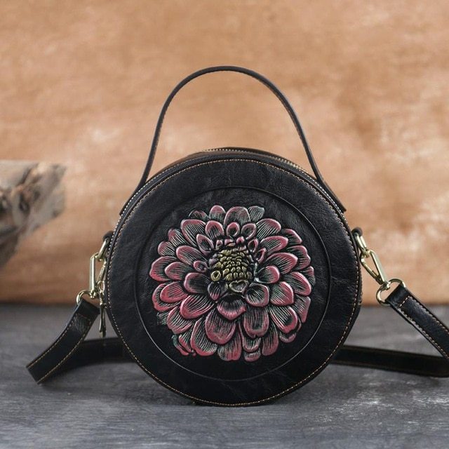 Vintage Embossed Small Round Bag, Shoulder Messenger Bag