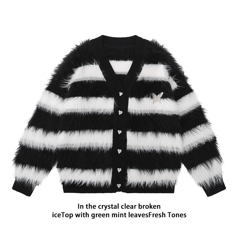 Black And White Striped Knitted Cardigan Jacket Casual Sweater