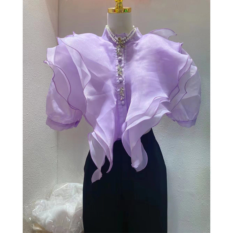 Ruffled Organza Shirt Women Puff Sleeve