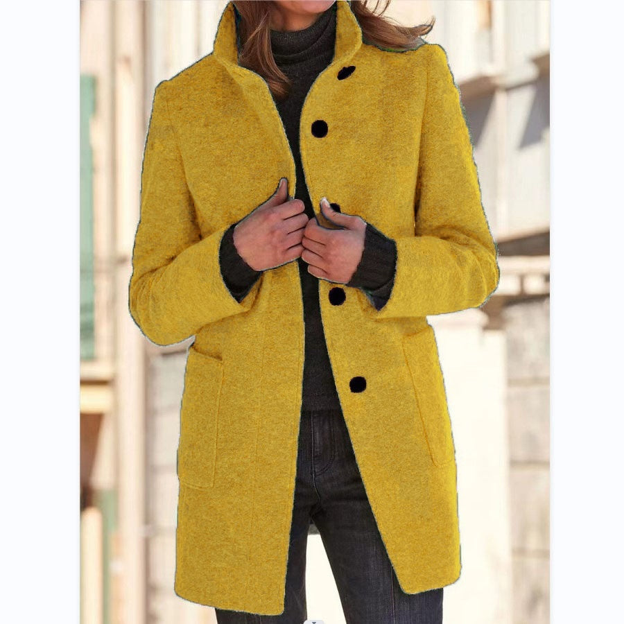 Stand Collar Woolen Coat With Pockets