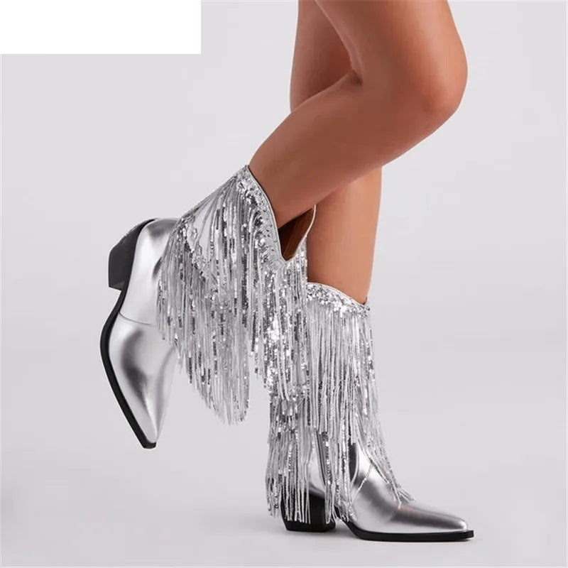 Cross-border I Chunky Heel Tassel Boots Women's Shoes