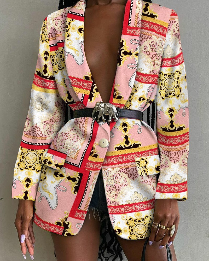 Fashion Printed Shawl Collar Single-breasted Belt Blazer Women