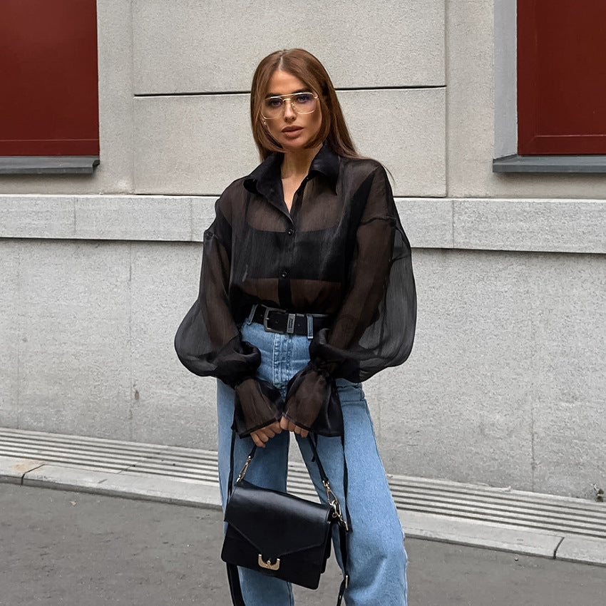 Women's  See-through Black Gauzy Shirt