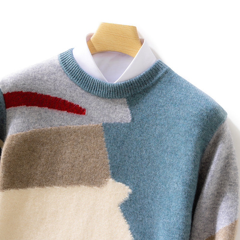 Men's Round Neck Contrast Color Style Woolen Sweater