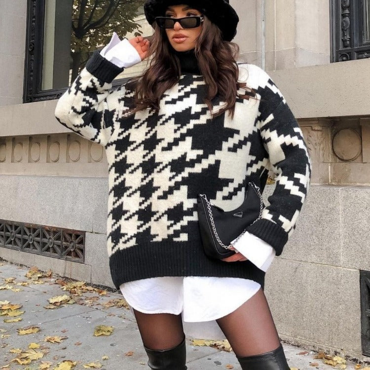 Houndstooth Knitted Retro Pullover Sweater