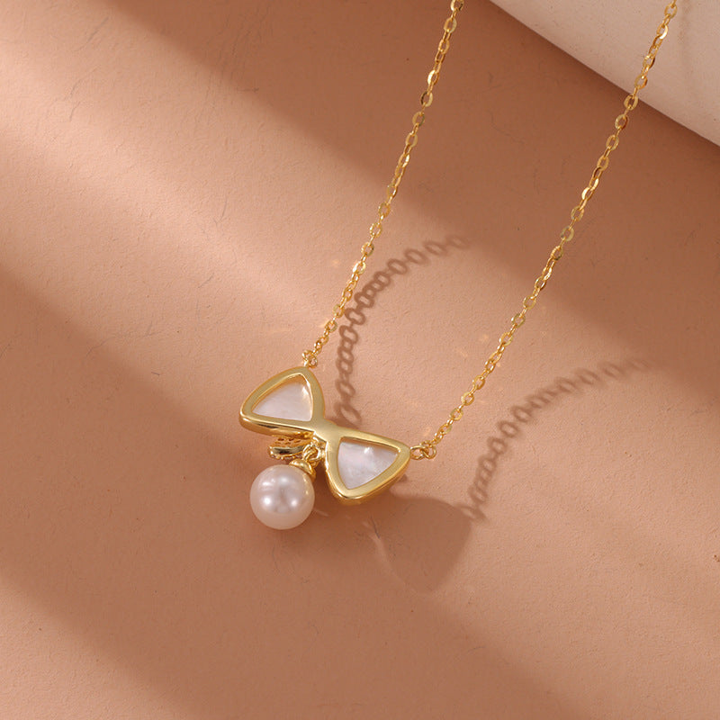 Bow Pearl Pendant Sterling Silver Necklace